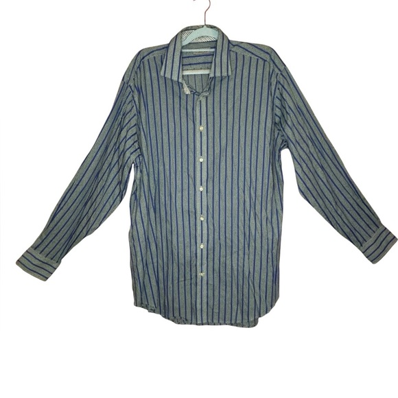 100% Cotton Thomas Dean Navy and Gray Striped Shirt - Picture 1 of 5